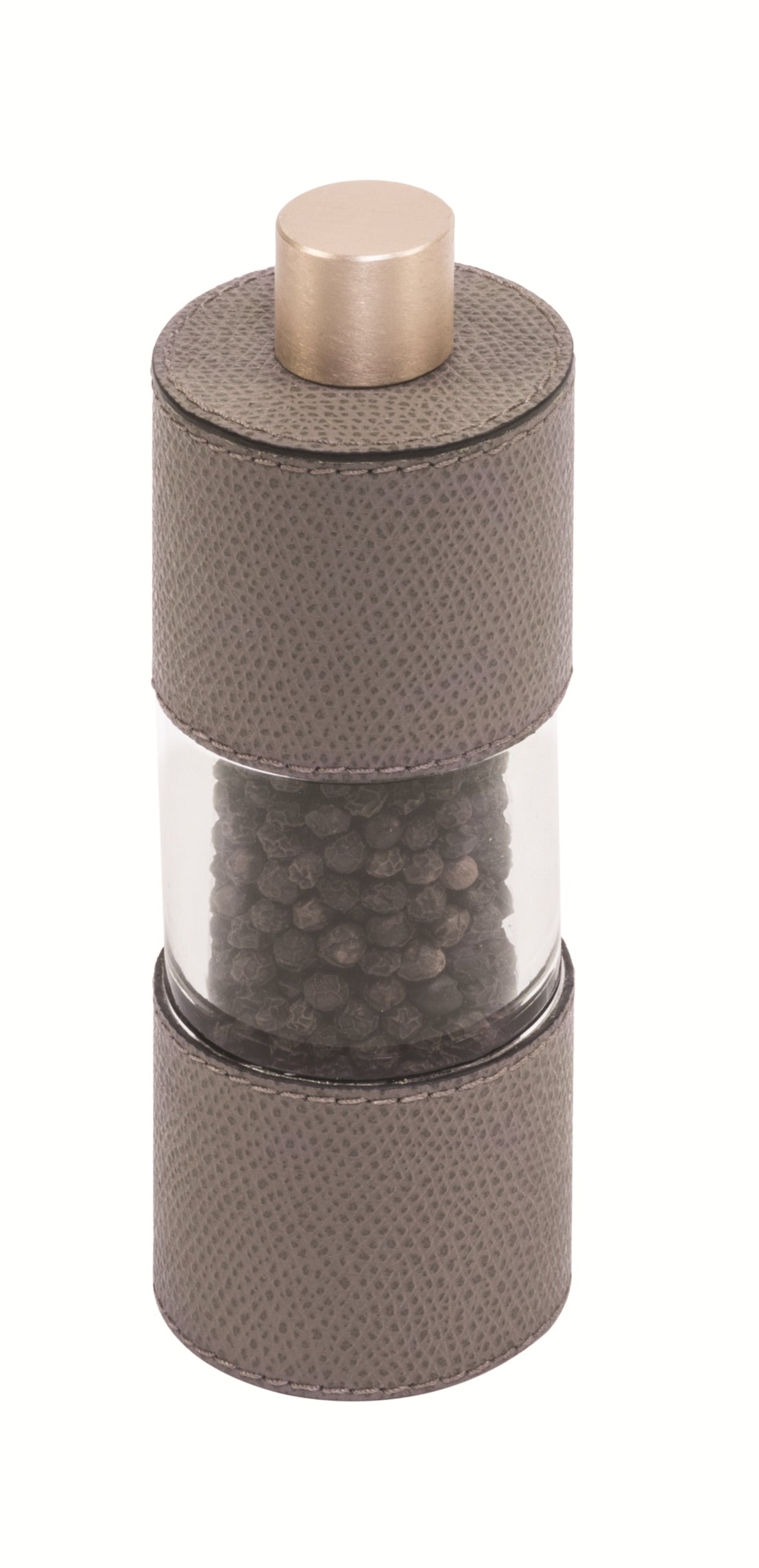 Giobagnara Otello Manual Low Pepper Mill | Leather-covered stainless steel structure with a metal knob and carbon steel grinder, featuring continuous adjustment from fine to coarse for precise pepper seasoning | Serveware & Accessories / Kitchen Tools | 2Jour Concierge, your luxury lifestyle shop