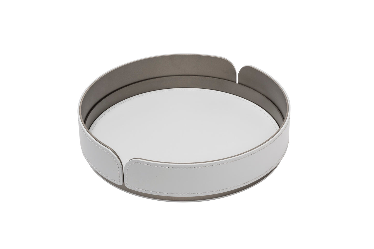 Rudi Tour | Round Tray: Regenerated leather with aluminum base and smooth, matte finish, designed by Adam D. Tihany, available in multiple sizes, suitable for serving and presentation | Serveware & Hospitality / Trays | 2Jour Concierge, your luxury lifestyle shop