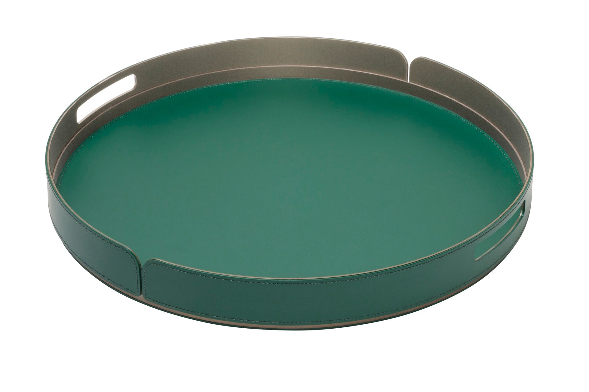 Rudi Tour | Round Tray: Regenerated leather with aluminum base and smooth, matte finish, designed by Adam D. Tihany, available in multiple sizes, suitable for serving and presentation | Serveware & Hospitality / Trays | 2Jour Concierge, your luxury lifestyle shop