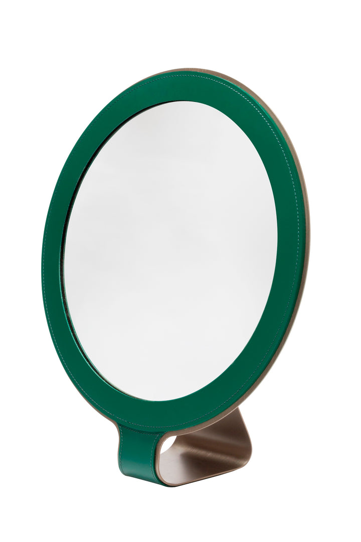Rudi Tour | Freestanding Mirror: Regenerated leather with aluminum base and smooth, matte finish, designed by Adam D. Tihany, suitable for vanity or dressing spaces | Bathroom / Freestanding Mirrors | 2Jour Concierge, your luxury lifestyle shop