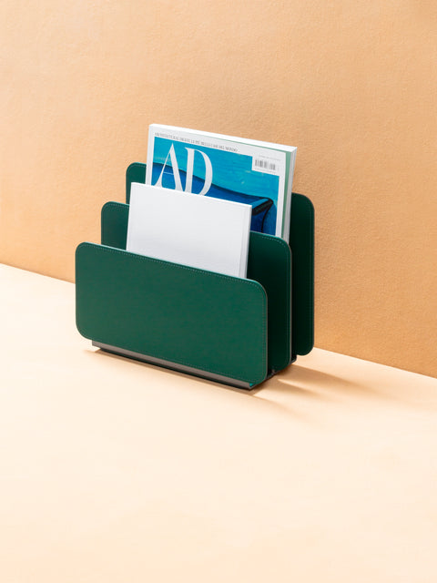 Rudi Tour | Magazine Holder: Regenerated leather with aluminum base and smooth, matte finish, designed by Adam D. Tihany for organizing magazines and journals | Storage / Magazine Holders | 2Jour Concierge, your luxury lifestyle shop