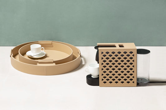 Rudi Ginepro | Tray: Regenerated leather with cutout side handles and smooth, matte finish, available in rectangular, square, and round forms, designed for versatile serving and presentation | Serveware & Hospitality / Trays | 2Jour Concierge, your luxury lifestyle shop