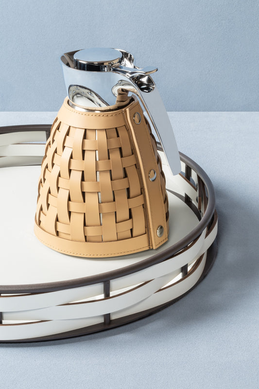 Rudi Gourde | Carafe: Stainless steel with insulated double wall, woven regenerated leather sleeve, chrome-plated finish, and smooth matte weave, featuring removable cover for easy cleaning | Serveware & Hospitality / Carafes & Pitchers | 2Jour Concierge, your luxury lifestyle shop