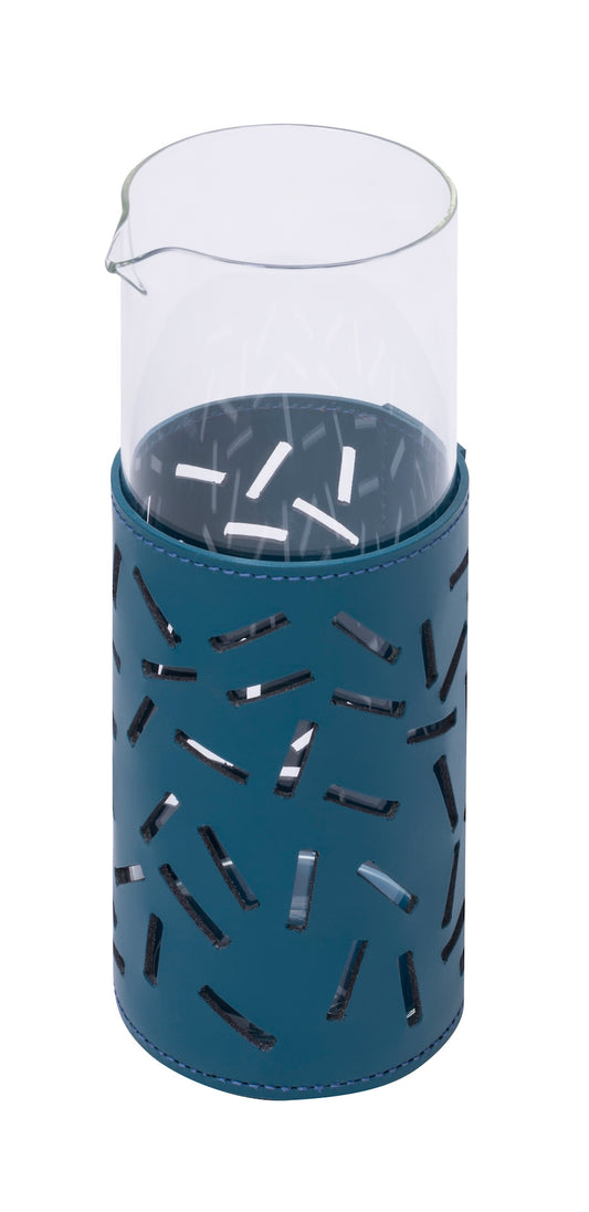 Rudi Trapani | Glass Pitcher: Borosilicate glass with regenerated leather sleeve and smooth, matte finish, available with smooth or patterned cutouts, for serving water, juice, or cocktails | Serveware & Hospitality / Carafes & Pitchers | 2Jour Concierge, your luxury lifestyle shop