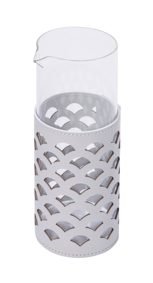 Rudi Trapani | Glass Pitcher: Borosilicate glass with regenerated leather sleeve and smooth, matte finish, available with smooth or patterned cutouts, for serving water, juice, or cocktails | Serveware & Hospitality / Carafes & Pitchers | 2Jour Concierge, your luxury lifestyle shop