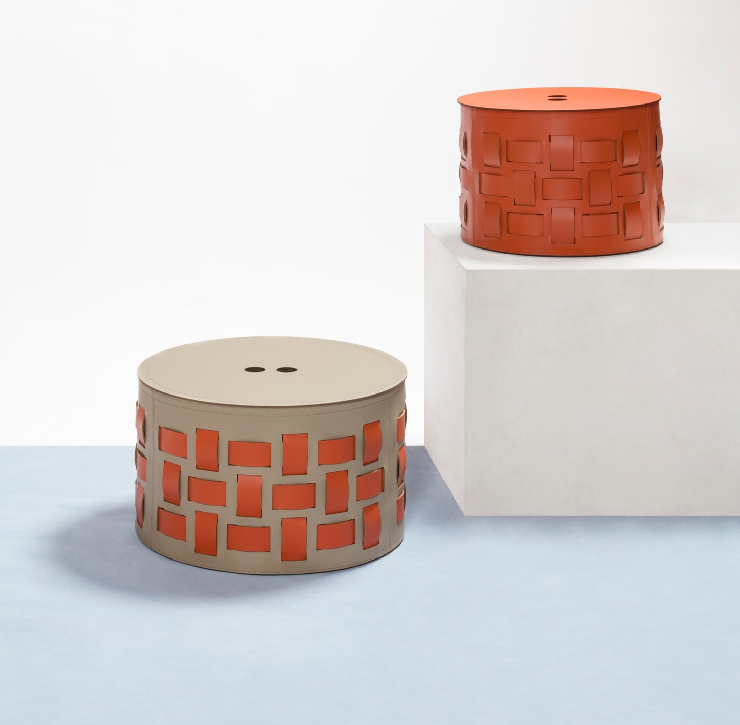Lisbona Storage Basket: Regenerated Leather with Bands (Monochrome, Bicolor, Tricolor)