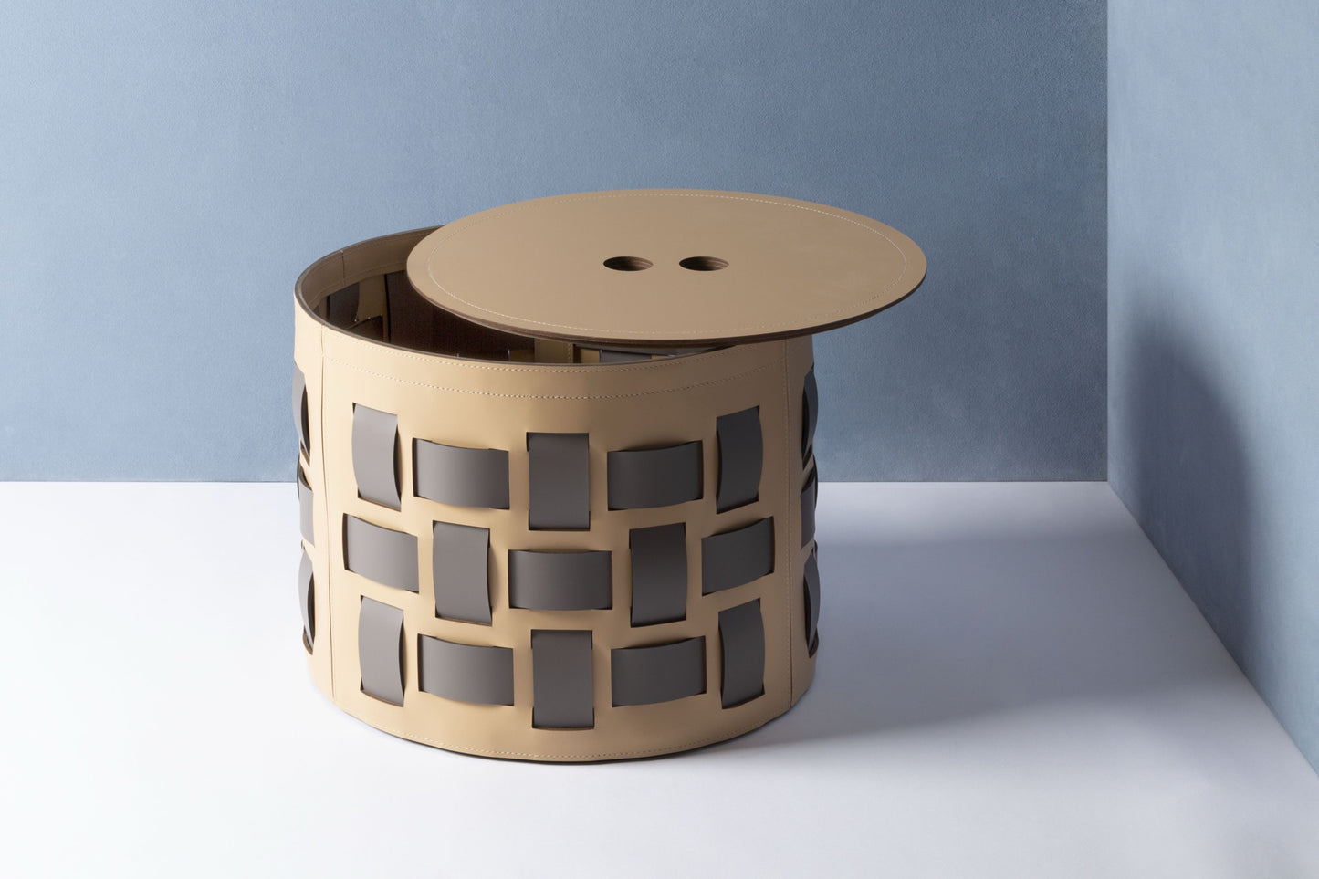 Lisbona Storage Basket: Regenerated Leather with Bands (Monochrome, Bicolor, Tricolor)