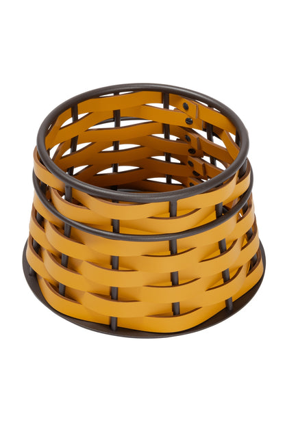 Nassa Storage Basket: Dark-Stained Aluminum Framework, Regenerated Leather Weaving, Round