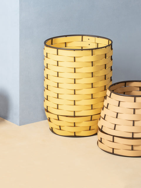 Nassa Storage Basket: Dark-Stained Aluminum Framework, Regenerated Leather Weaving, Tapered Round