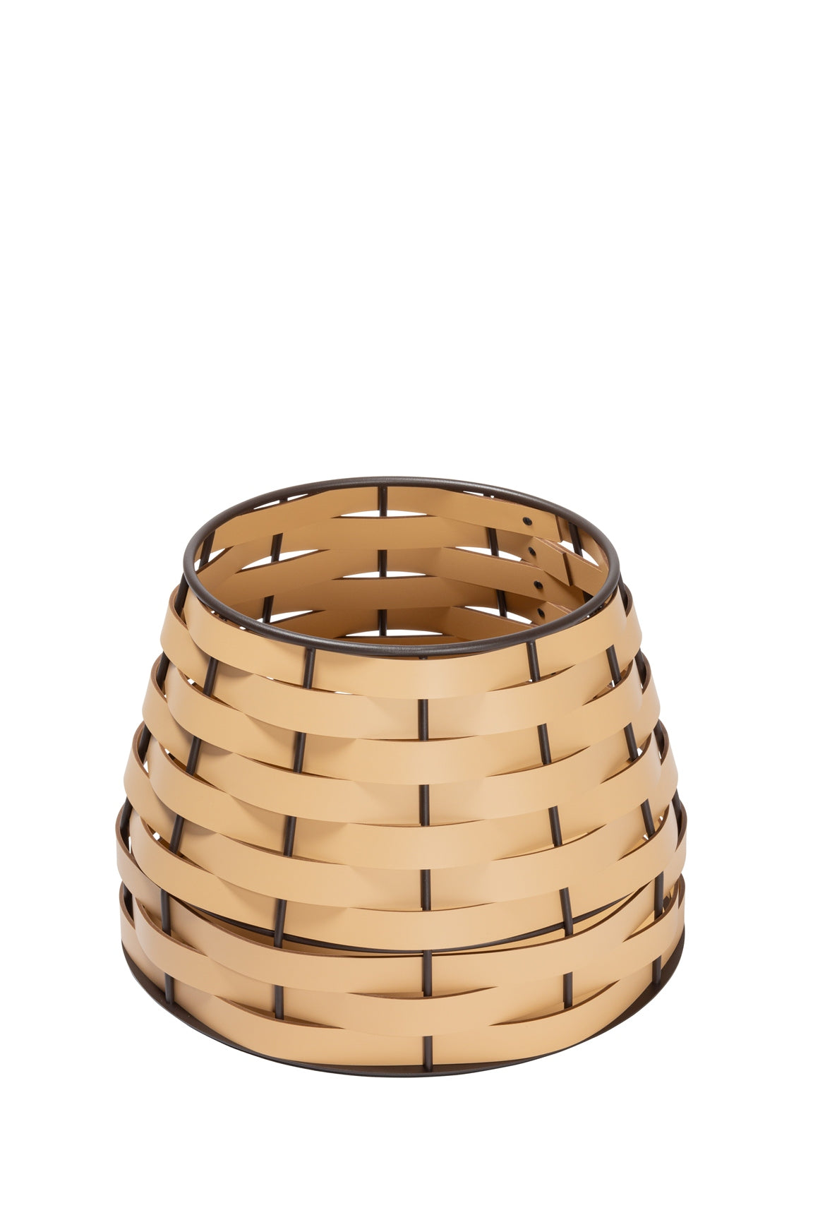 Nassa Storage Basket: Dark-Stained Aluminum Framework, Regenerated Leather Weaving, Round