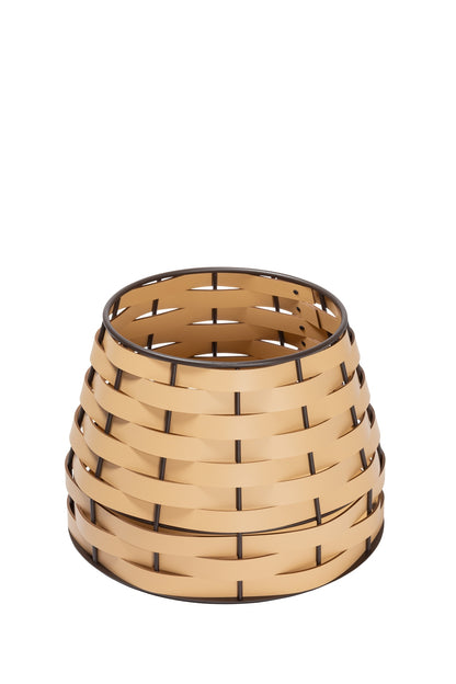 Nassa Storage Basket: Dark-Stained Aluminum Framework, Regenerated Leather Weaving, Round