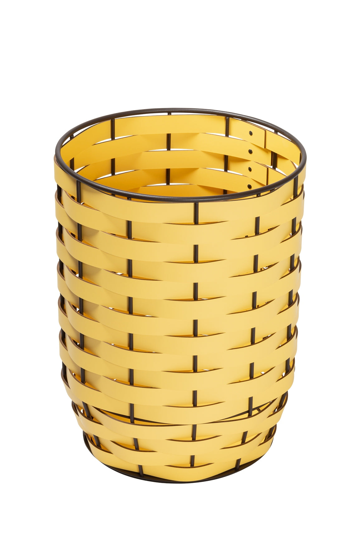 Nassa Storage Basket: Dark-Stained Aluminum Framework, Regenerated Leather Weaving, Round