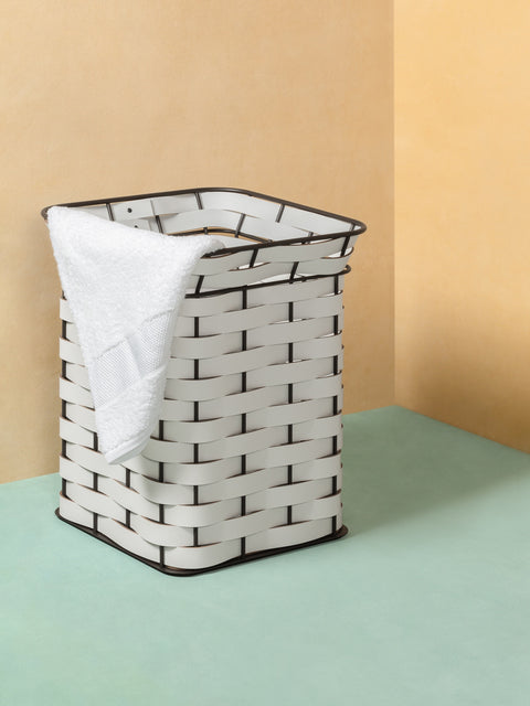Nassa Basket by RUDI | Dark-stained aluminum framework with vibrant Tecnocuoio® weaving | Combines durability with contemporary elegance | Ideal for laundry, towels, magazines, or everyday objects | Suitable for both indoor and outdoor use | Non-slip waterproof rubber base | Home Decor and Storage | 2Jour Concierge, your luxury lifestyle shop






