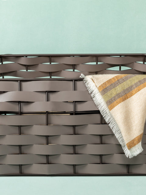 Nassa Basket by RUDI | Dark-stained aluminum framework with vibrant Tecnocuoio® weaving | Combines durability with contemporary elegance | Ideal for laundry, towels, magazines, or everyday objects | Suitable for both indoor and outdoor use | Non-slip waterproof rubber base | Home Decor and Storage | 2Jour Concierge, your luxury lifestyle shop






