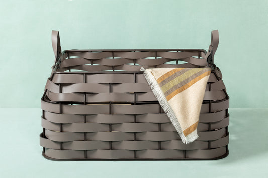 Nassa Basket by RUDI | Dark-stained aluminum framework with vibrant Tecnocuoio® weaving | Combines durability with contemporary elegance | Ideal for laundry, towels, magazines, or everyday objects | Suitable for both indoor and outdoor use | Non-slip waterproof rubber base | Home Decor and Storage | 2Jour Concierge, your luxury lifestyle shop






