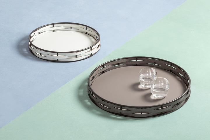 Nassa Regenerated Leather Tray w Dark-Stained Aluminum Framework, Round