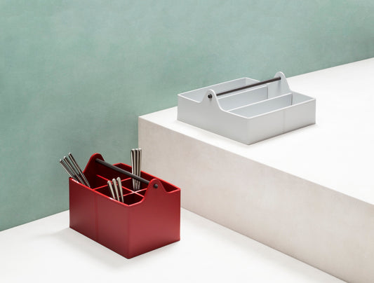 Rudi Circuit | Basket with Dividers: Regenerated leather with dark-stained metal handle and smooth, matte finish, for organized storage of cutlery or small items | Storage / Storage Baskets & Boxes | 2Jour Concierge, your luxury lifestyle shop