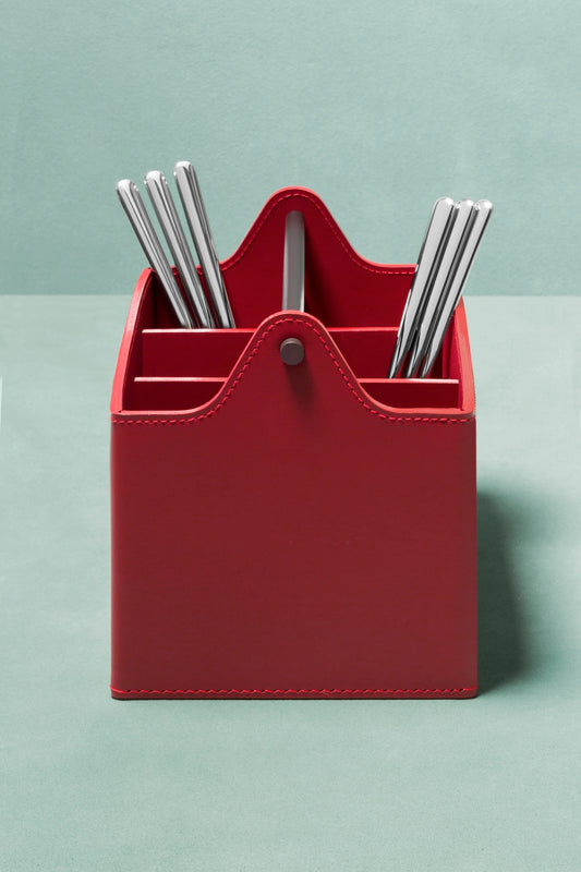 Rudi Circuit | Basket with Dividers: Regenerated leather with dark-stained metal handle and smooth, matte finish, for organized storage of cutlery or small items | Storage / Storage Baskets & Boxes | 2Jour Concierge, your luxury lifestyle shop
