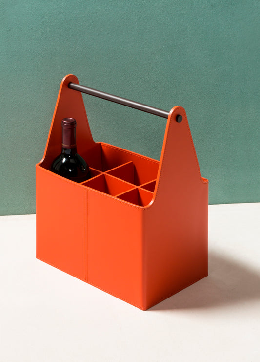 RUDI Circuit Bottle Carrier | Finest Regenerated Reinforced Leather Baskets with Six Dividers | Water-resistant and UV-resistant Finish | Characterizing Dark-stained Metal Handle | Designed by Simone Fanciullacci | Explore a Range of Luxury Home Accessories at 2Jour Concierge, #1 luxury high-end gift & lifestyle shop
