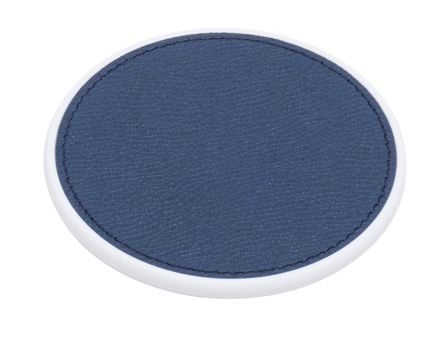Giobagnara | Sirmione White Corian and Leather Round Coaster: Round coaster in white Corian with leather insert, available as single or as set of 6 with holder | Tabletop | 2Jour Concierge, your luxury lifestyle shop | luxury coaster, Giobagnara Sirmione, white Corian coaster, leather coaster, Italian luxury tabletop, designer coaster set, Corian and leather accessories, luxury table accessories