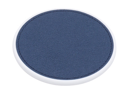 Giobagnara | Sirmione White Corian and Leather Round Coaster: Round coaster in white Corian with leather insert, available as single or as set of 6 with holder | Tabletop | 2Jour Concierge, your luxury lifestyle shop | luxury coaster, Giobagnara Sirmione, white Corian coaster, leather coaster, Italian luxury tabletop, designer coaster set, Corian and leather accessories, luxury table accessories