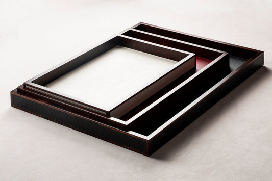 Giobagnara Milano Tray | Maple wood structure with embedded leather on the sides and top | Home Decor and Serveware | 2Jour Concierge, your luxury lifestyle shop