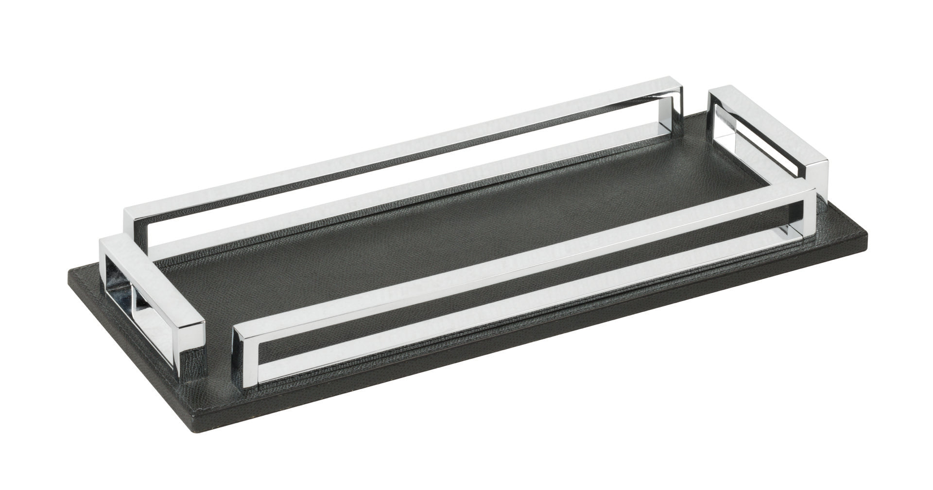 Giobagnara Madison | Rectangular Tray: Leather-covered wood with chrome handles, available in small and large | Serveware + Hospitality / Trays | 2Jour Concierge, your luxury lifestyle shop | contemporary entertaining, refined home décor, handcrafted in Italy