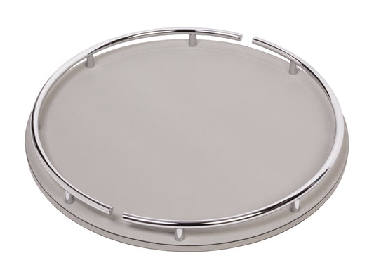 Giobagnara Circus | Tray: Leather-covered wood with chrome handles, available in round or oval | Serveware + Hospitality / Trays | 2Jour Concierge, your luxury lifestyle shop | contemporary elegance, Italian craftsmanship, luxury serving accessories