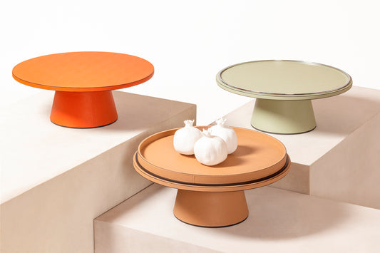 Giobagnara Neptune Rotating Raised Tray | Rotating raised tray with a leather-covered wood structure and metal ring available in three finishes: chrome, bronze, and brass | Home Decor and Serveware | 2Jour Concierge, your luxury lifestyle shop