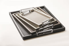 Victor Leather-Covered Wood Tray, Rectangular M with Chrome-Finish Metal Handles