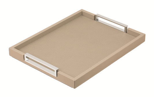 **Giobagnara Victor Tray** | Contemporary leather-covered tray with a wood core and polished chrome-finish metal handles | Defined by its clean lines and refined materials, perfect for serving or as an elegant surface for display | Crafted in Italy by Giobagnara | Serveware & decor | 2Jour Concierge, your luxury lifestyle shop