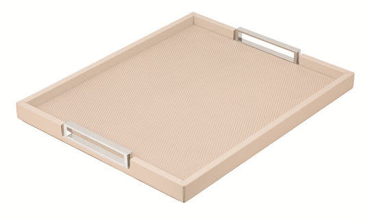 Giobagnara Victor Tray | Contemporary leather-covered tray with a wood core and polished chrome-finish metal handles | Defined by its clean lines and refined materials, perfect for serving or as an elegant surface for display | Crafted in Italy by Giobagnara | Serveware & decor | 2Jour Concierge, your luxury lifestyle shop.

