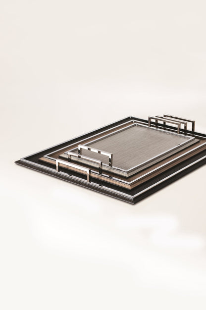 Defile Tray by Giobagnara | Leather-covered metal structure with brass frame and handles. | Home Decor and Serveware | 2Jour Concierge, your luxury lifestyle shop