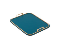 Bellini Rectangular Leather-Covered Metal Tray with Metal Frame and Handles Large