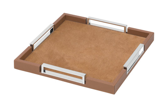 Giobagnara Roma | Square Tray: Leather-covered wood tray with chrome handles, available in small, medium, and large | Home Accessories / Trays | 2Jour Concierge, your luxury lifestyle shop | refined barware, modern classics, Italian craftsmanship, elegant entertaining