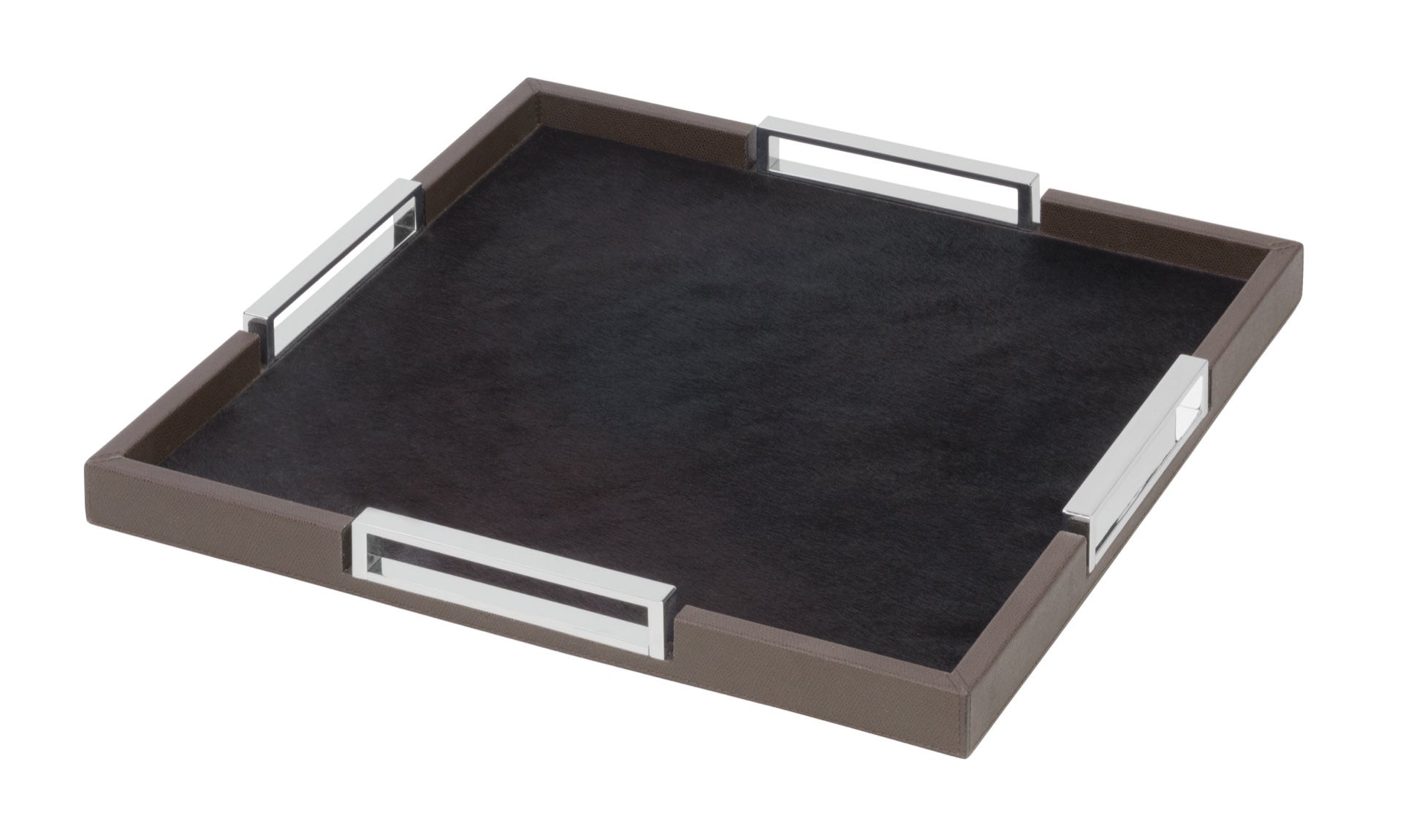 Giobagnara Roma | Square Tray: Leather-covered wood tray with chrome handles, available in small, medium, and large | Home Accessories / Trays | 2Jour Concierge, your luxury lifestyle shop | refined barware, modern classics, Italian craftsmanship, elegant entertaining