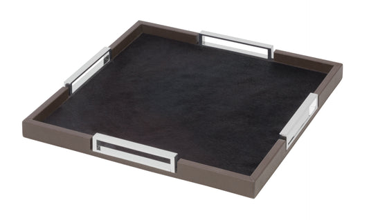 Giobagnara Roma | Square Tray: Leather-covered wood tray with chrome handles, available in small, medium, and large | Home Accessories / Trays | 2Jour Concierge, your luxury lifestyle shop | refined barware, modern classics, Italian craftsmanship, elegant entertaining