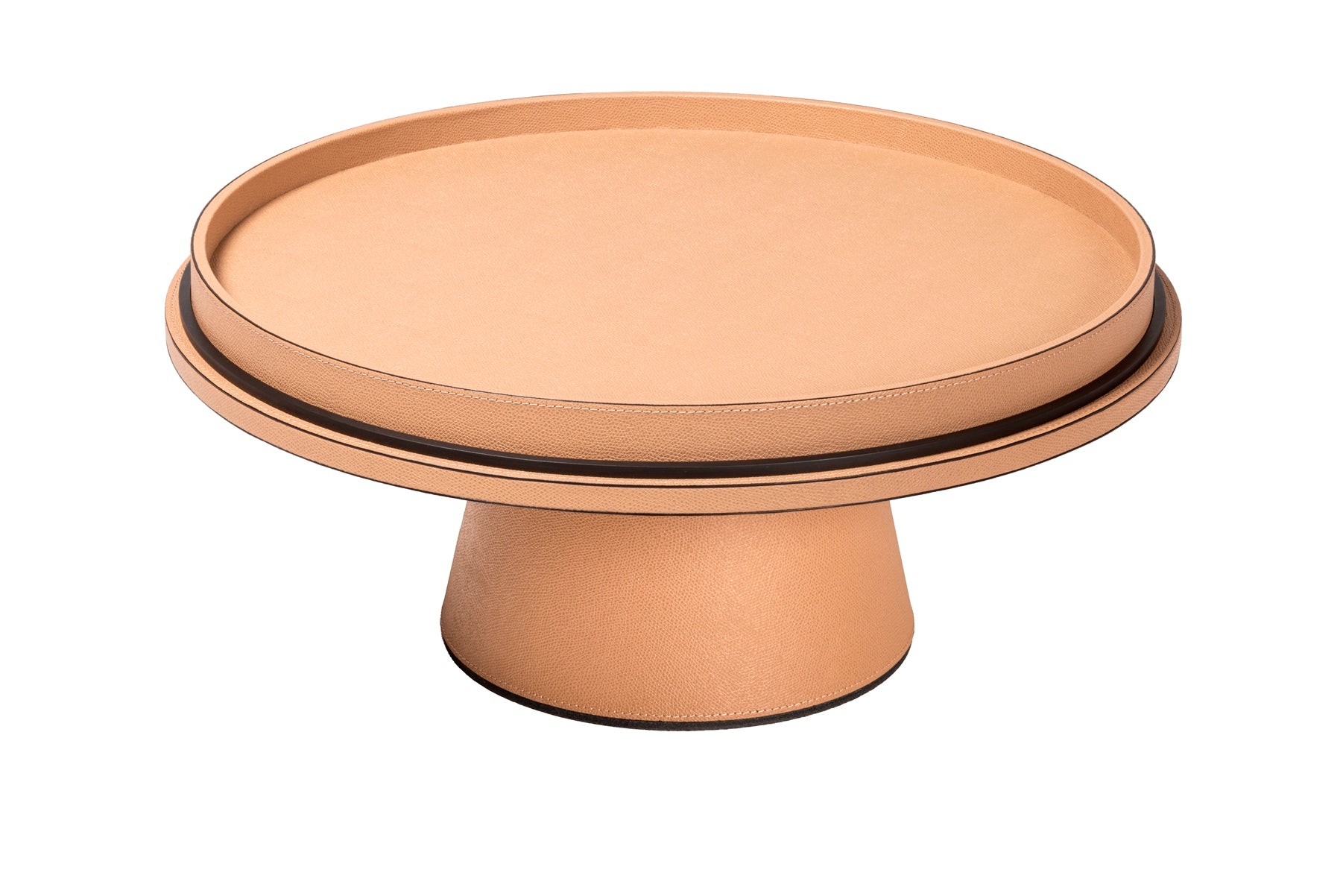 Giobagnara Saturn Rotating Raised Tray with Removable Tray | Rotating raised tray with a leather-covered wood structure and metal ring available in three finishes: chrome, bronze, and brass | The tray can also function as a high surface when placed upside down in the metal ring | Home Decor and Serveware | 2Jour Concierge, your luxury lifestyle shop