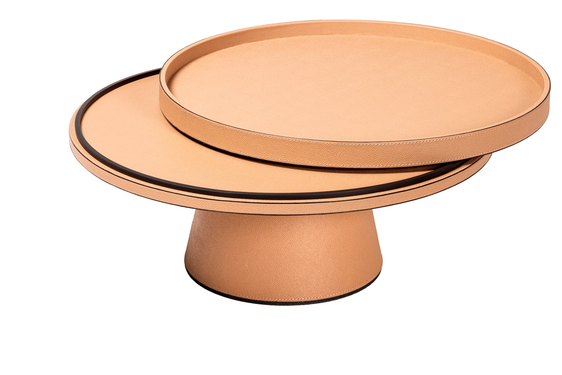 Giobagnara Saturn Rotating Raised Tray with Removable Tray | Rotating raised tray with a leather-covered wood structure and metal ring available in three finishes: chrome, bronze, and brass | The tray can also function as a high surface when placed upside down in the metal ring | Home Decor and Serveware | 2Jour Concierge, your luxury lifestyle shop