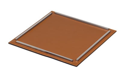 Campo Leather-Covered Tray with Metal Frame, Square S, Chrome