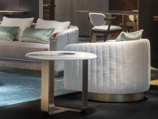 Arcahorn Apollo | Side Table: Satin Dalmata marble top with glossy horn inlay and satin metal structure, designed as a sculptural accent table for refined living interiors | Furniture / Side Tables | 2Jour Concierge, your luxury lifestyle shop