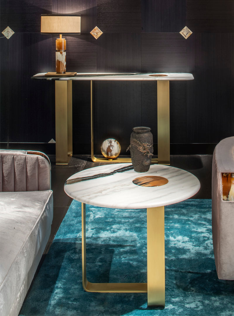 Arcahorn Apollo | Side Table: Satin Dalmata marble top with glossy horn inlay and satin metal structure, designed as a sculptural accent table for refined living interiors | Furniture / Side Tables | 2Jour Concierge, your luxury lifestyle shop