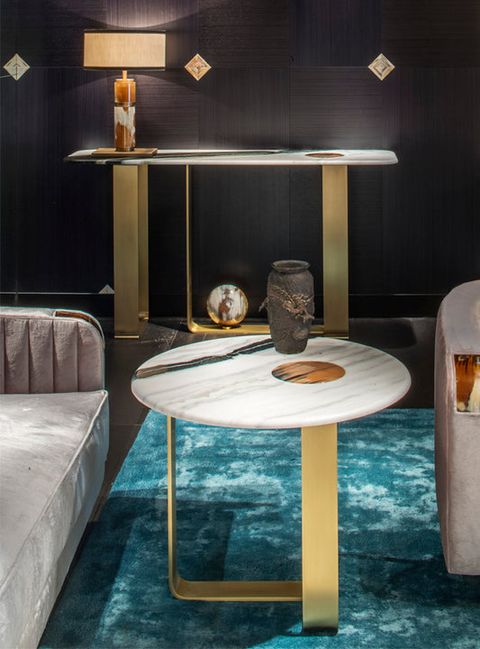 Arcahorn Apollo | Side Table: Satin Dalmata marble top with glossy horn inlay and satin metal structure, designed as a sculptural accent table for refined living interiors | Furniture / Side Tables | 2Jour Concierge, your luxury lifestyle shop