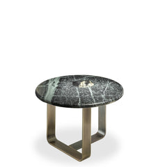 Apollo Verde Alpi Marble Side Table with Glossy Horn Inlay & Burnished Metal