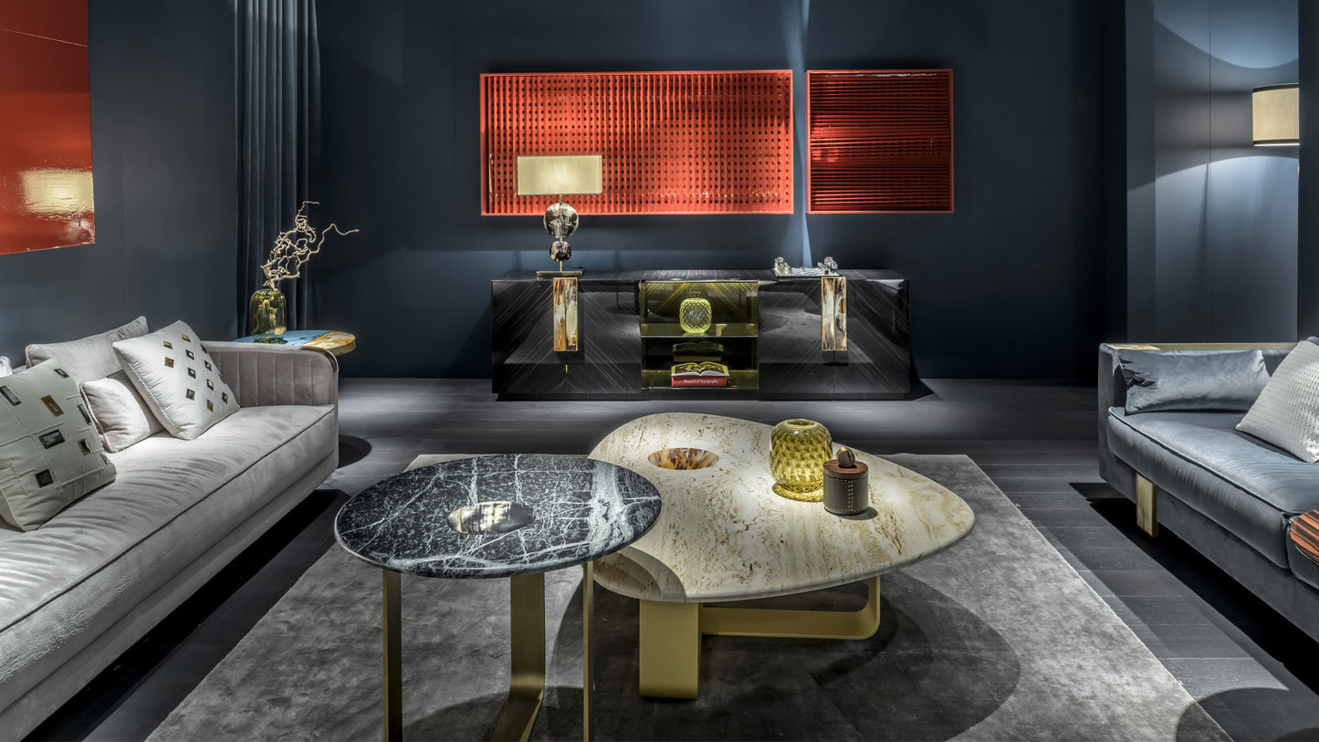 Arcahorn Apollo | Side Table: Satin Verde Alpi marble top with glossy horn inlay and burnished metal structure, designed as a sculptural accent table for refined living interiors | Furniture / Side Tables | 2Jour Concierge, your luxury lifestyle shop**