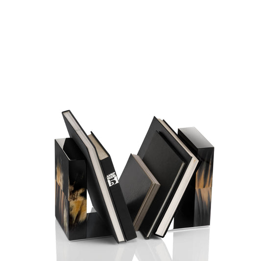 Igor Set of Bookends by Arcahorn | Crafted from wood with a lacquered black gloss finish and dark horn, featuring a stainless steel base. | Home Decor and Accessories | 2Jour Concierge, your luxury lifestyle shop