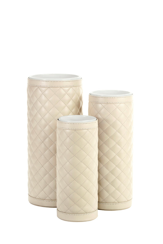 Riviere Ester Ceramic Vase With Removable Quilted Diamonds Padded Leather Cover | Luxurious Ceramic Vase Design | Quilted Diamonds Padded Leather Cover for Added Style | Elevate Your Home Decor with Riviere's Exquisite Accessories | Available at 2Jour Concierge, #1 luxury high-end gift & lifestyle shop