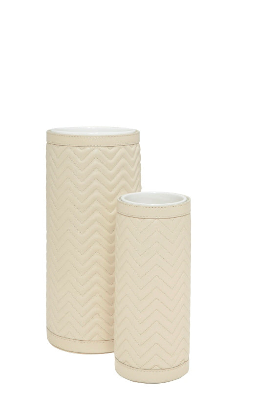 Riviere Ester Ceramic Vase With Removable Quilted Herringbone Padded Leather Cover | Elegant Ceramic Vase Design | Quilted Herringbone Padded Leather Cover for Added Sophistication | Enhance Your Home Decor with Riviere's Exquisite Accessories | Available at 2Jour Concierge, #1 luxury high-end gift & lifestyle shop