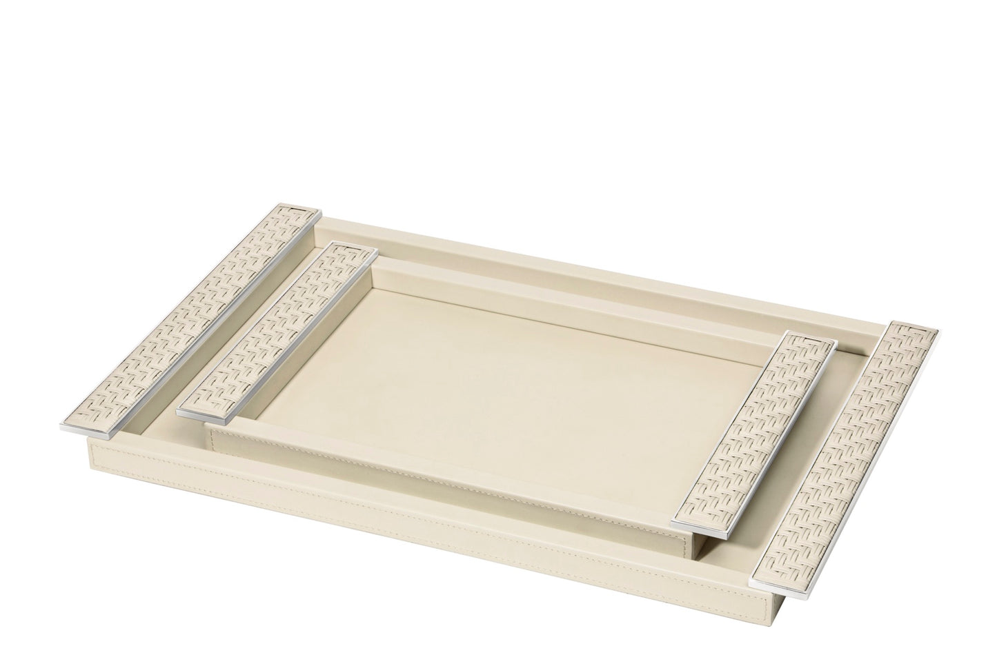 Riviere Circe | Rectangular Tray: Leather or lacquer structure with braided or wrapped leather handles, chrome or gold metal details, available in two sizes, designed for refined serving and décor display | Serveware + Hospitality / Trays | 2Jour Concierge, your luxury lifestyle shop | luxury interiors, hospitality décor, elegant living, designer serveware, boutique hotels, refined lifestyle, yacht décor