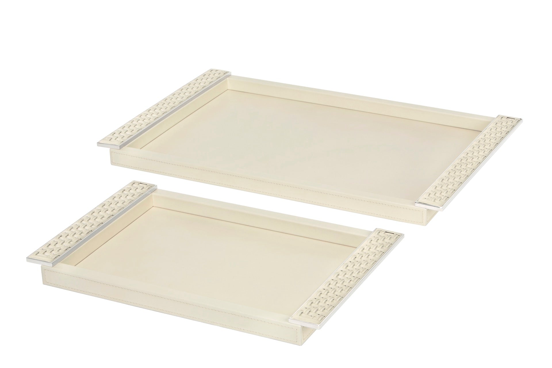 Riviere Circe | Rectangular Tray: Leather or lacquer structure with braided or wrapped leather handles, chrome or gold metal details, available in two sizes, designed for refined serving and décor display | Serveware + Hospitality / Trays | 2Jour Concierge, your luxury lifestyle shop | luxury interiors, hospitality décor, elegant living, designer serveware, boutique hotels, refined lifestyle, yacht décor